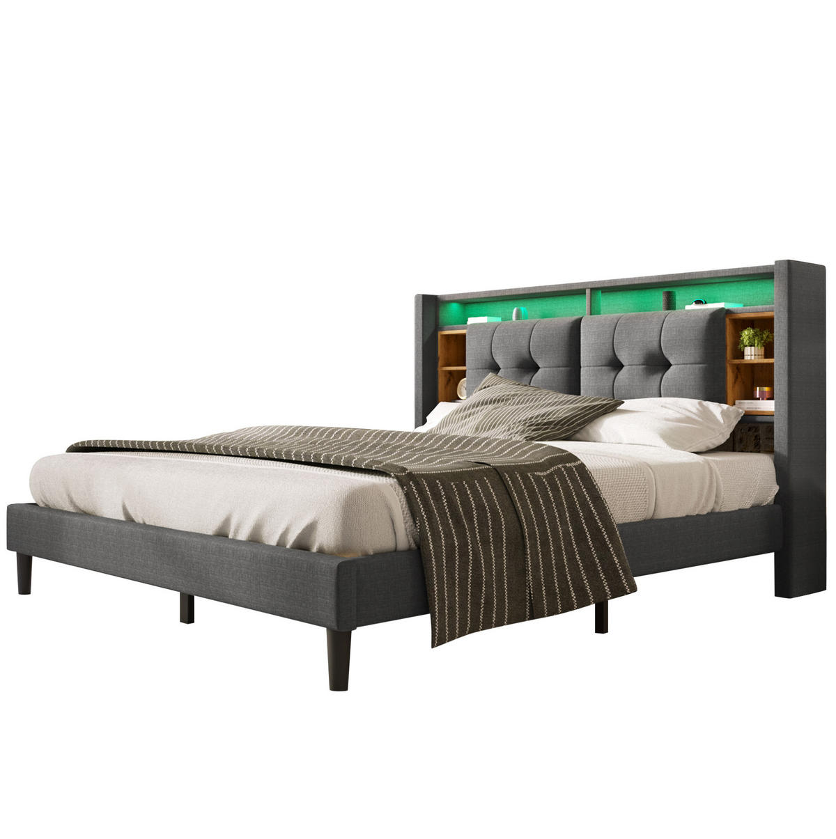 ČALOUNĚNÁ postel 160/200 cm masivní dřevo šedá, s úložným čelem, USB a LED - šedá, dřevo (160/200cm) - BEAOK