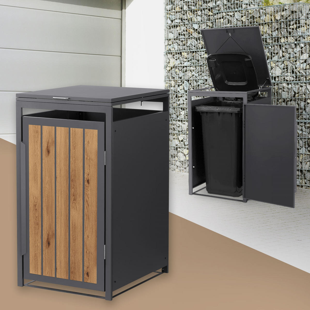 MÜLLTONNENBOX 1er 240L 68x80x120 cm Anthrazit-Eiche hell aus Stahl - Hellbraun, Metall (80/120/68cm) - ML-DESIGN