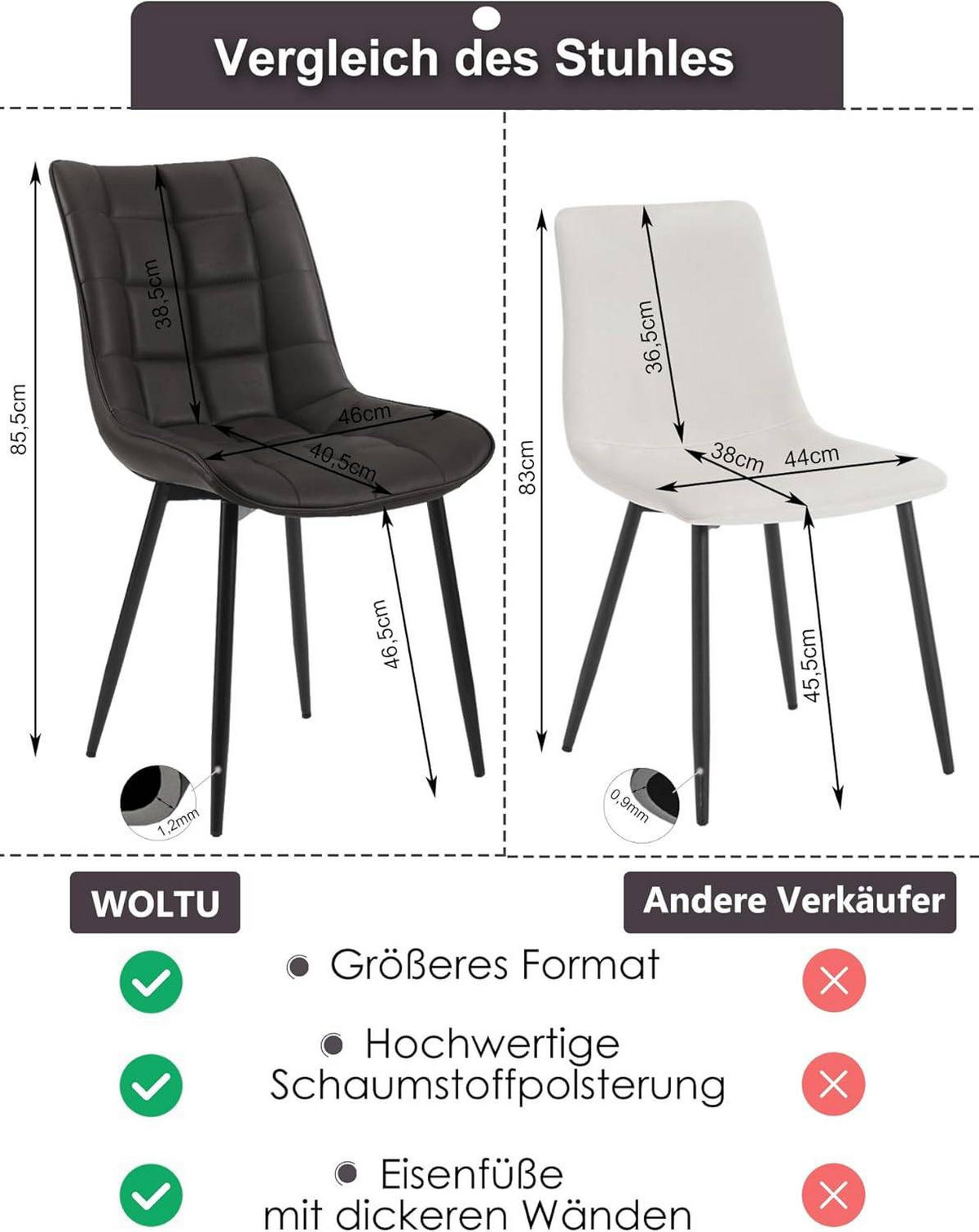 ESSZIMMERSTUHL 2er Set, Sitzfläche aus Kunstleder - Anthrazit/Schwarz, Metall (46.5/85.5/46cm) - Woltu