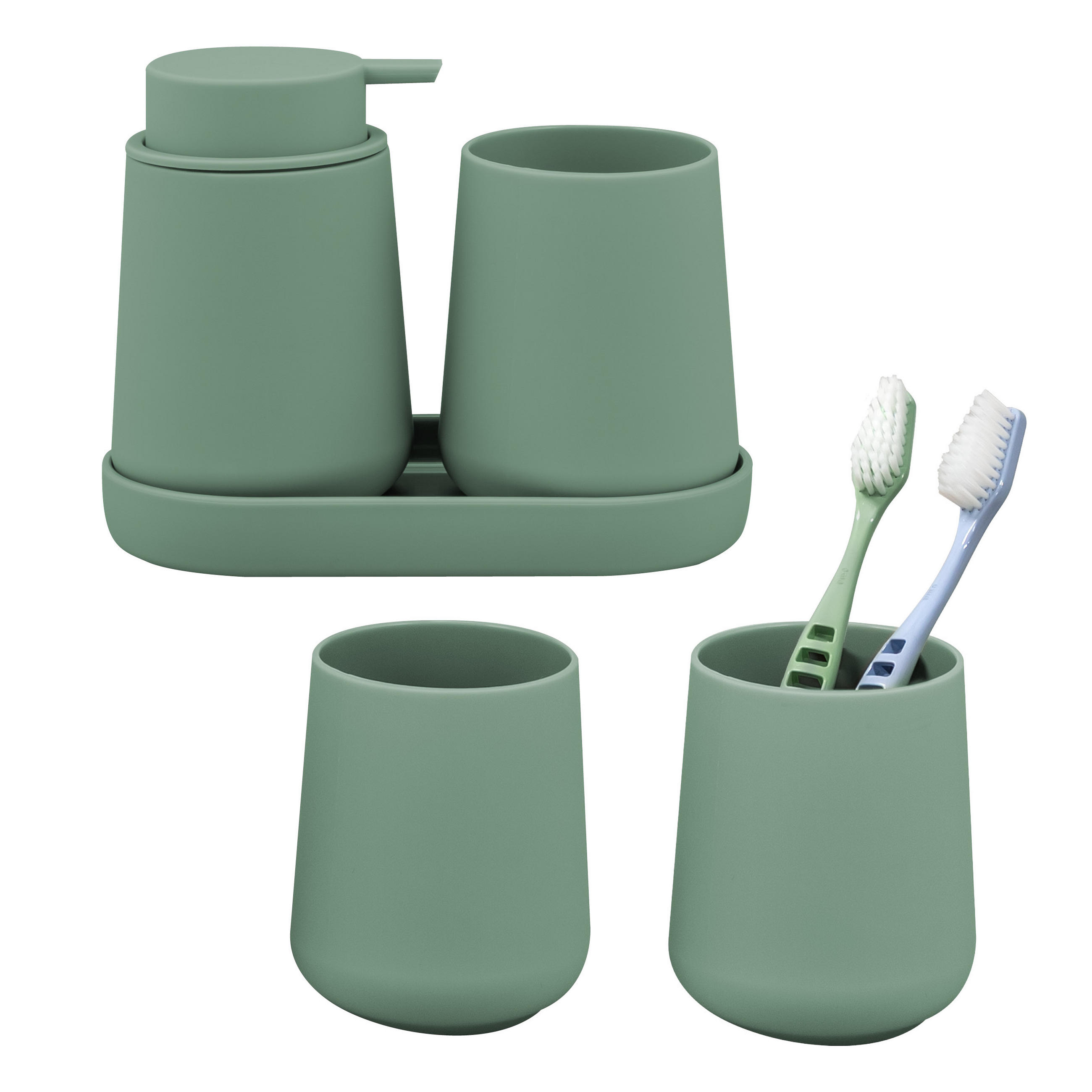 BAD-ACCESSOIRES-SET TESERO 5tlg., Soft-Touch, grün - Grün, Kunststoff (8.5/10.5/9cm) - eluno
