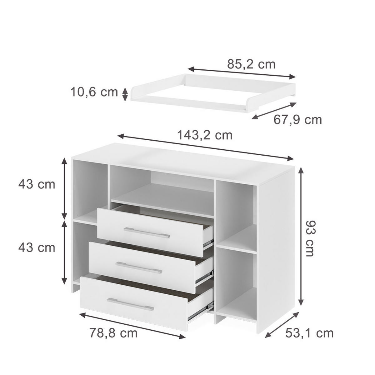 WICKELKOMMODE Oskar Weiß 143 x 100 cm XL mit Schubladen - Weiß, Holzwerkstoff (143/100/70cm) - Vicco