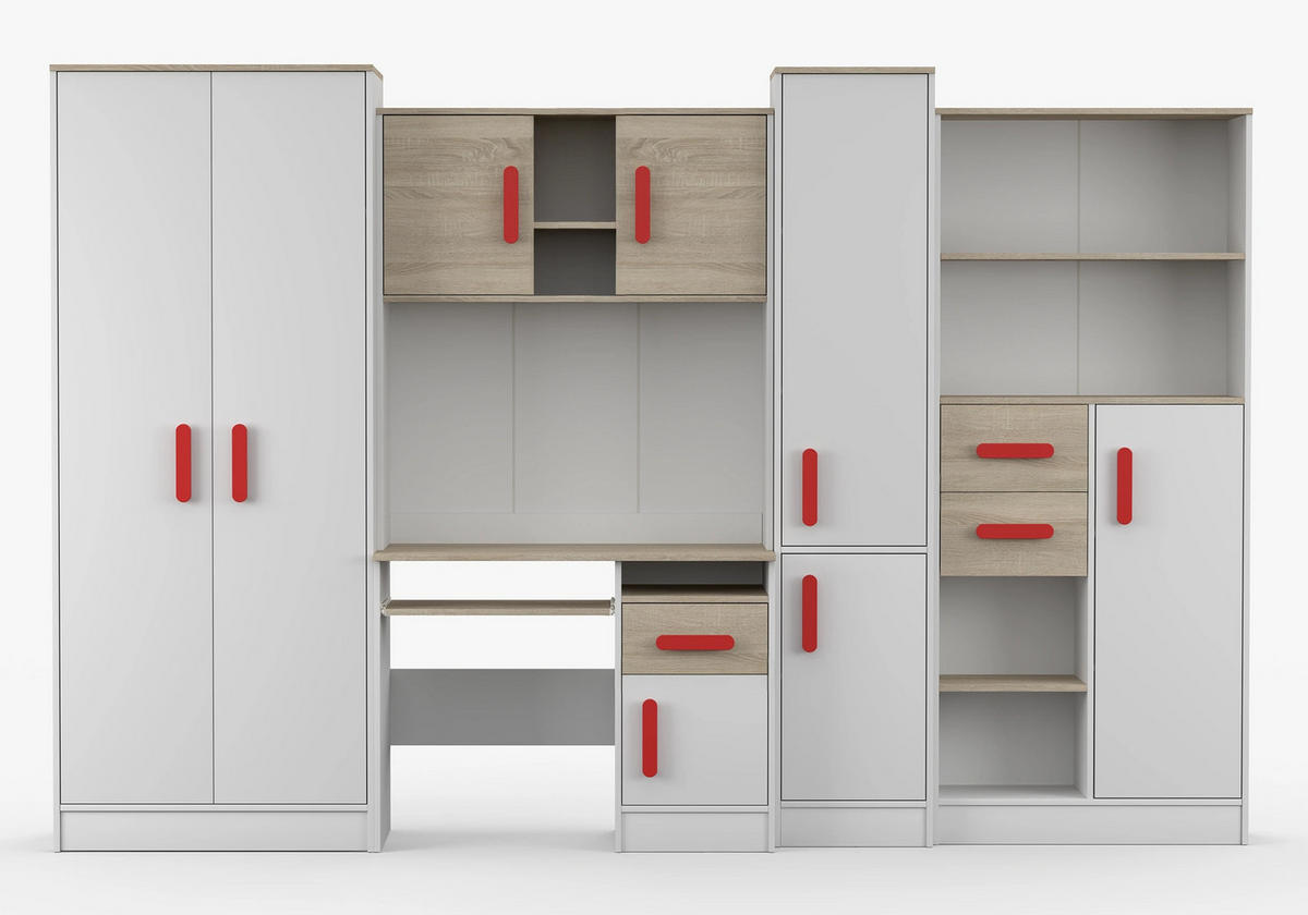 JUGENDZIMMER Wohnwand Colorino in Weiß und Eiche Sonoma – mit roten Griffen 5 teilig - Kinderzimmer Komplett - Weiß, Holzwerkstoff (80/200/120cm)