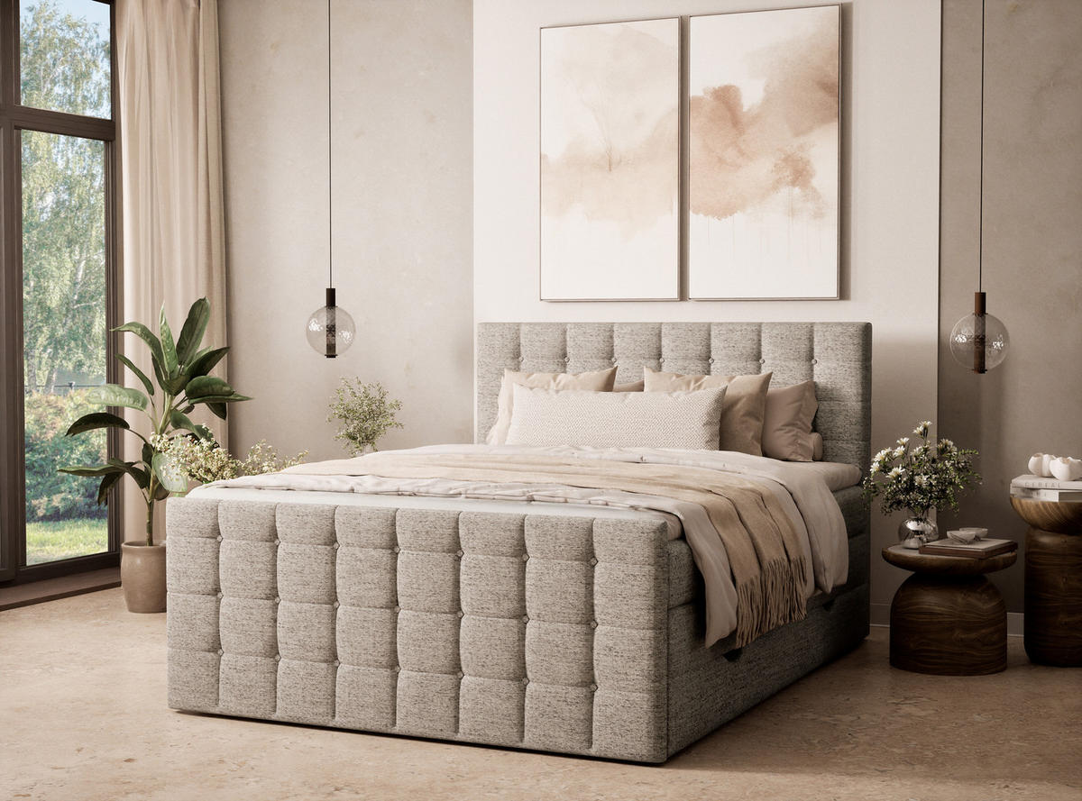 BOXSPRINGBETT Tasca 140/200 cm, in Hellbraun, Bettkasten, Matratze, Topper - Hellbraun/Schwarz, Holz/Holzwerkstoff (140/200cm) - Maison de Reve