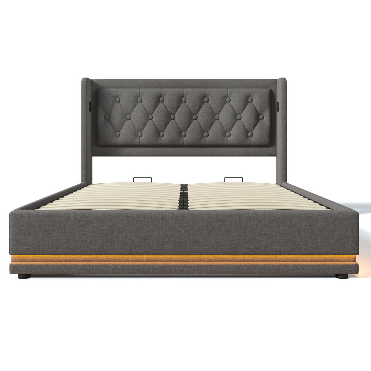 POLSTERBETT 160/200 cm Grau Baumwolle mit hydraulischem Stauraum und LED-Beleuchtung - Grau, Textil (160/200cm) - OKWISH