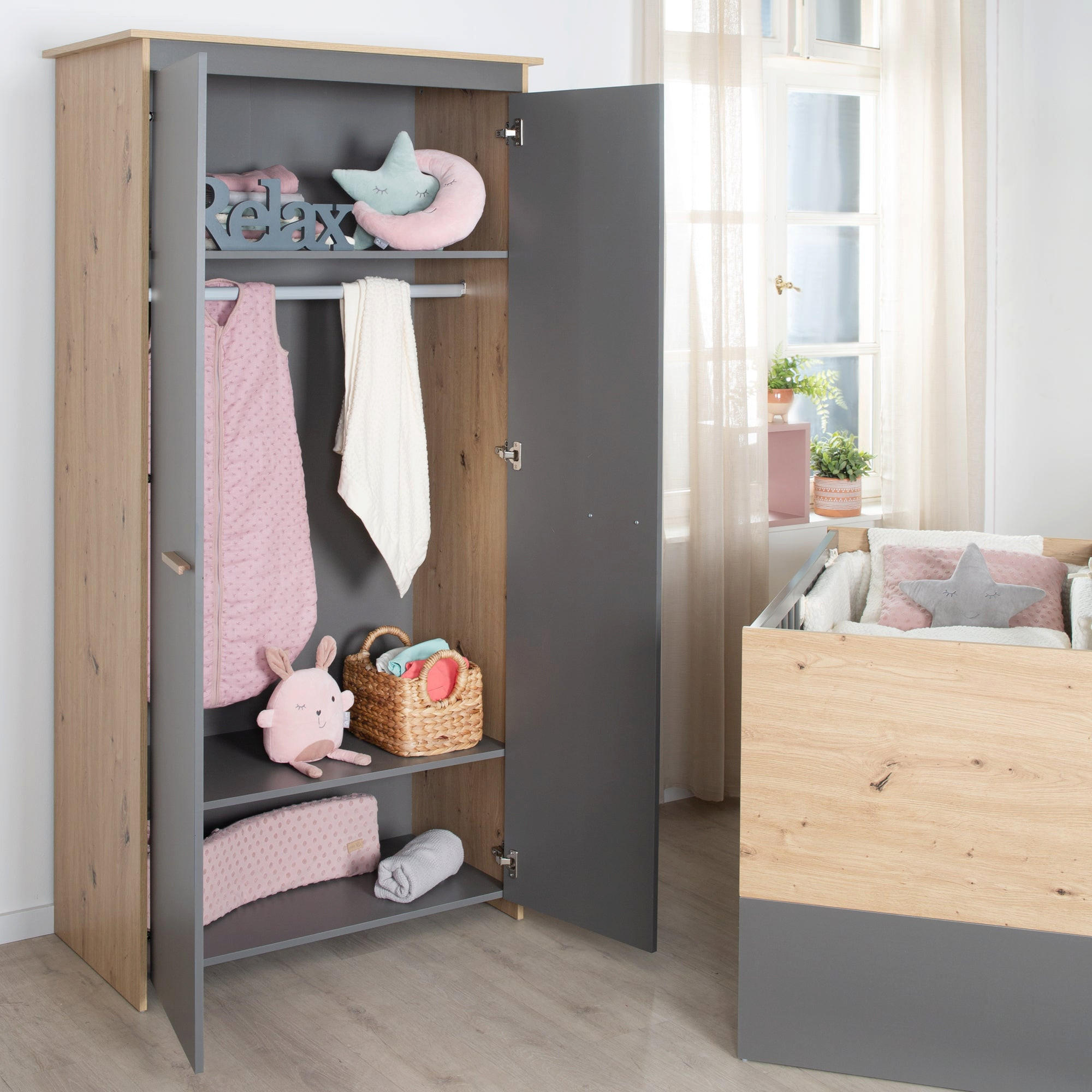 KLEIDERSCHRANK Anna 2-türig - Anthrazit/Sonoma Eiche, Holz/Holzwerkstoff (96/190/50cm) - Roba