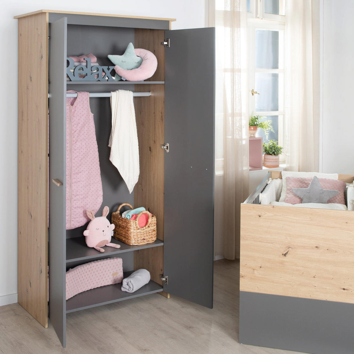 KLEIDERSCHRANK Anna 2-türig - Anthrazit/Sonoma Eiche, Holz/Holzwerkstoff (96/190/50cm) - Roba