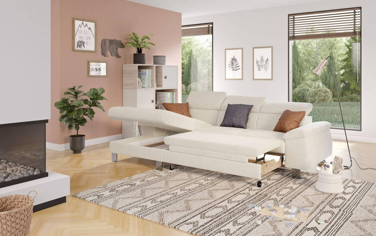 ECKSCHLAFSOFA mit Bettkasten – Cord-Stoff - Chromfarben/Beige, Holz/Textil (244/166cm) - Cotta