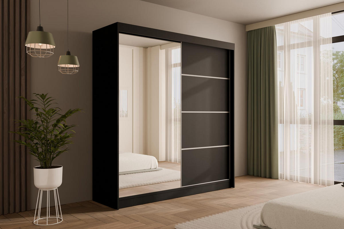 KLEIDERSCHRANK PAOKI - 200 cm - Schwarz - Schwarz, Holzwerkstoff (200/215/61cm) - ALTDECOR