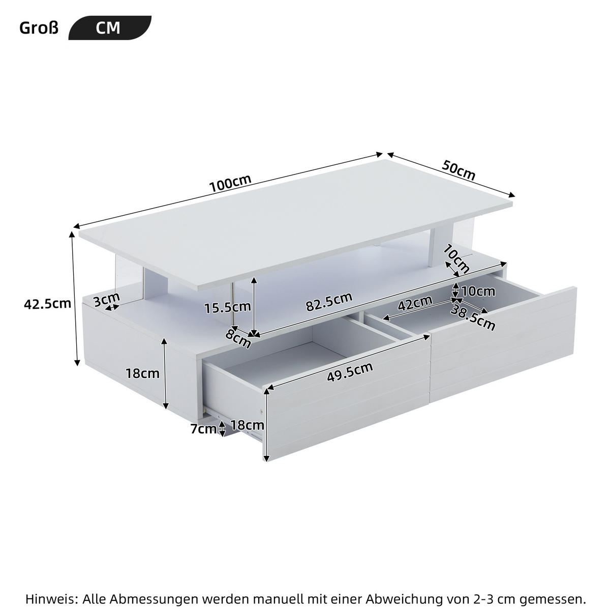 COUCHTISCH aus Spanplatte und Acrylglas 100x50x42 cm Weiß mit LED-Beleuchtung, App-Steuerung und 2 Schubladen - Weiß, Holzwerkstoff (100/50/42cm) - IVMEU