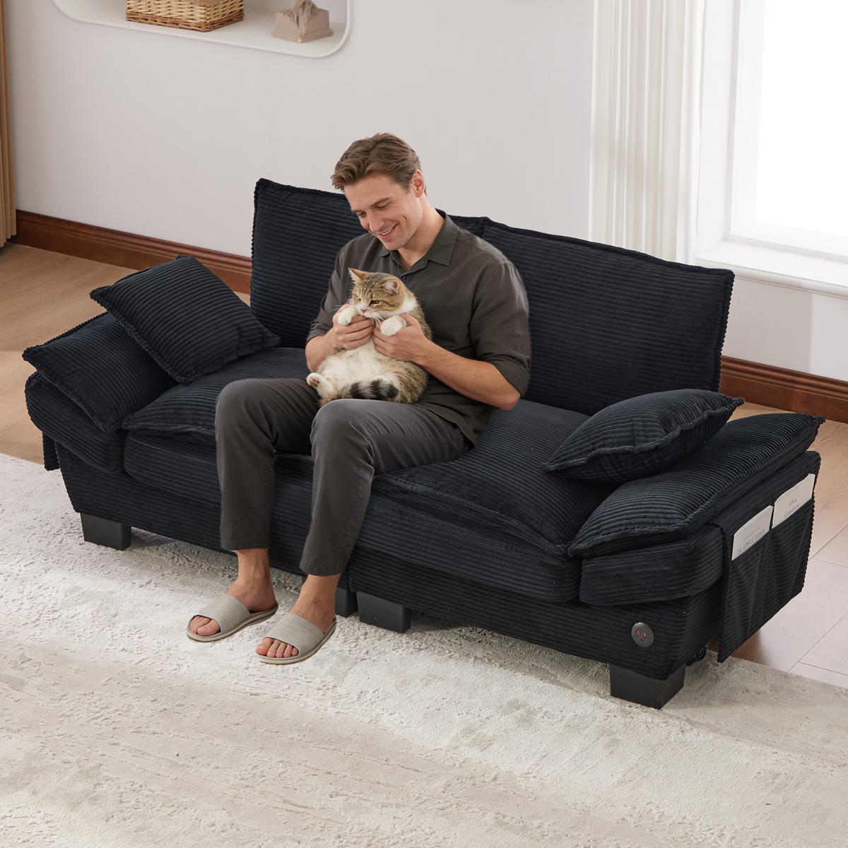 SOFA mit USB-C-Anschluss 2-Sitzer 190 x 73 x 84 cm Corduroy Schwarz - Schwarz, Kunststoff (73/84/190cm) - Meubliv