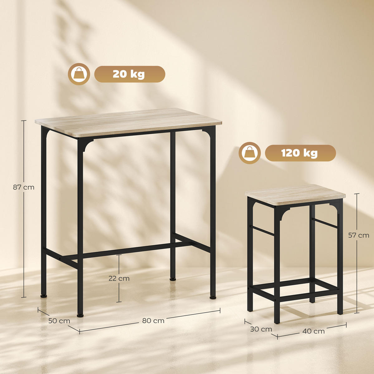 BARTISCH Set Bartisch mit Barhocker-Set, Naturholz - Naturfarben, Holz (80/87/50cm) - HOMCOM
