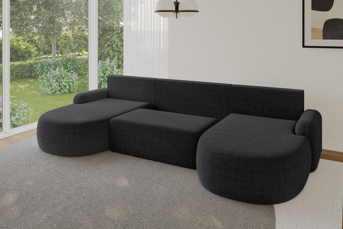 WOHNLANDSCHAFT mit Schlaffunktion und Bettkasten LIRA-U - 335x172x89 Schwarz - Schwarz, Holzwerkstoff/Textil (335/89/172cm) - ALTDECOR