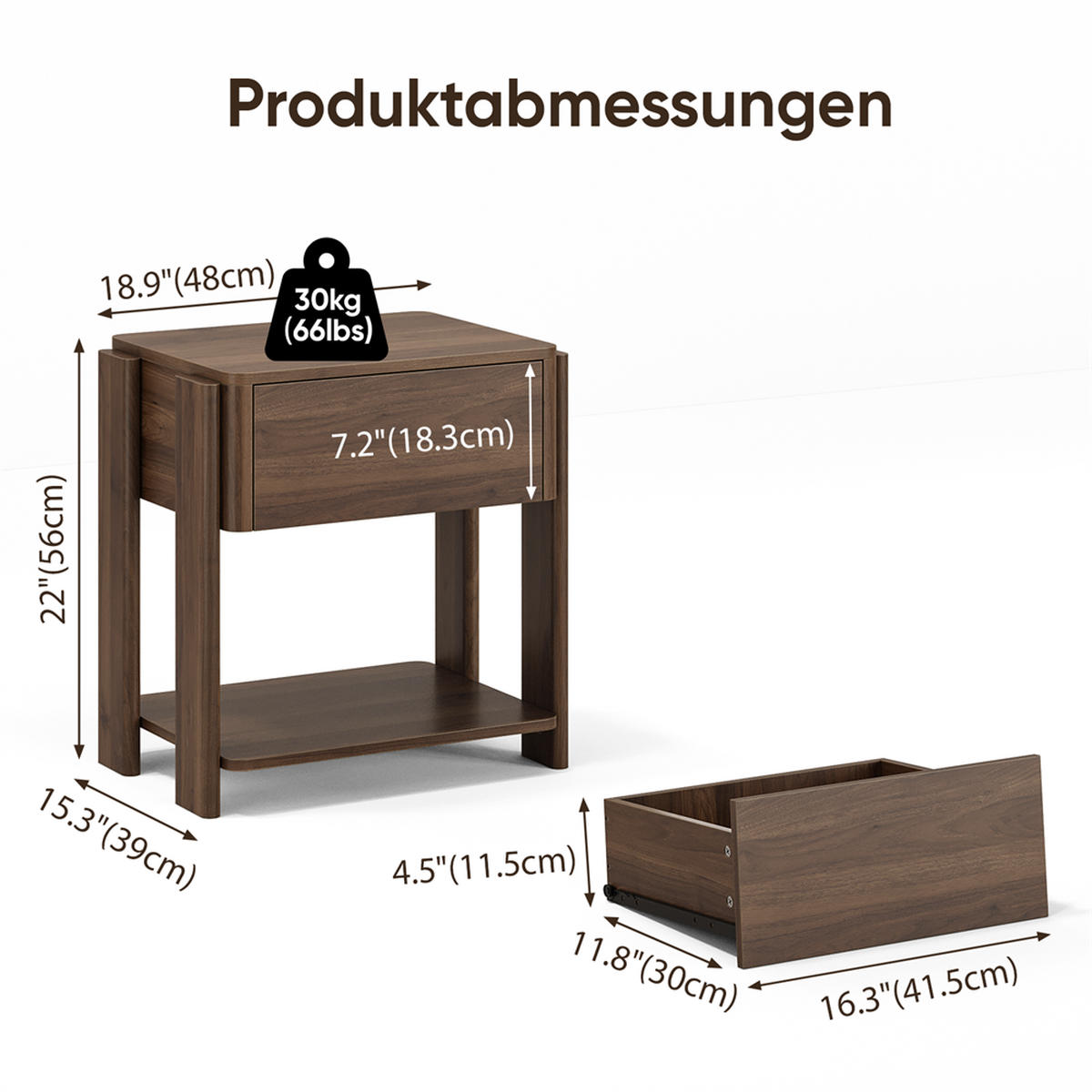 NACHTTISCH 48x39x56 cm mit 1 Schublade und Unterer Ablage - Abgerundetes Design - Robuste Holzbeine - Walnuss - Walnussfarben, Holzwerkstoff (39/56/48cm) - DELFA