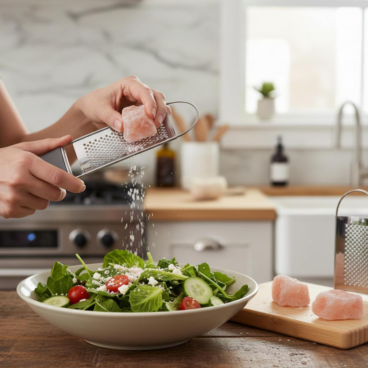 SALZSTEIN Set 3-tlg mit Reibe und Schneidebrett aus Eichenholz - Silberfarben/Naturfarben, Holz/Stein (15/12/20cm) - JUNG