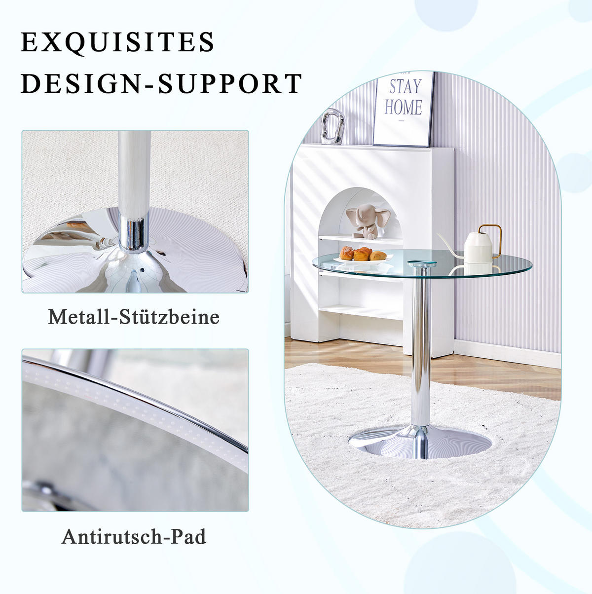 BARTISCH 85/85/76 cm aus Glas und Metall, rundes Design mit stabilem Metallgestell, Silber/Transparent - Silberfarben, Glas (85/85/76cm) - Redom