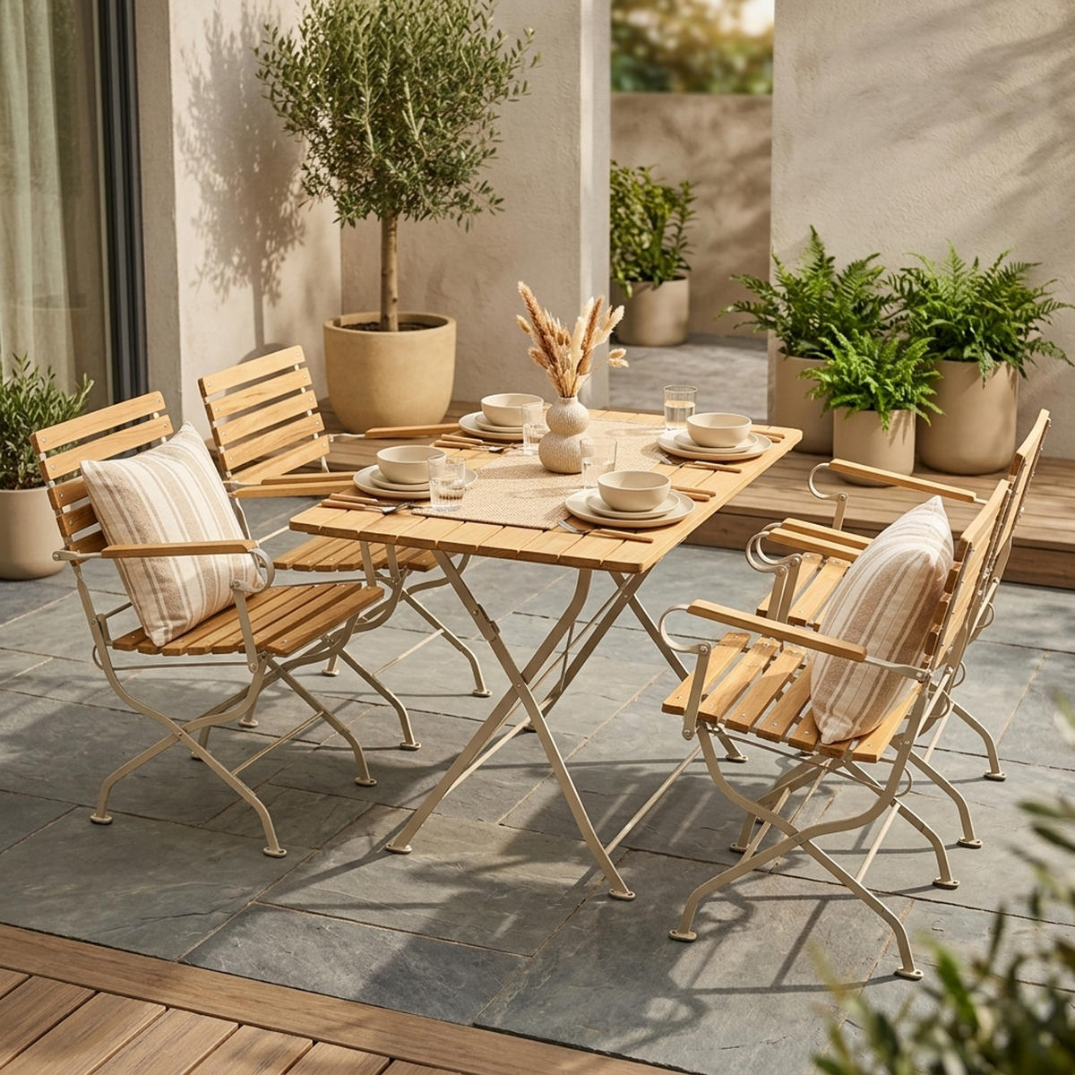 ESS-GRUPPE Townsville 5-teilig, Gartenmöbel Set - Flachstahl - Robinienholz - Gartenset Tisch und Stühle - hellgrau - Grau, Holz - TPFGarden