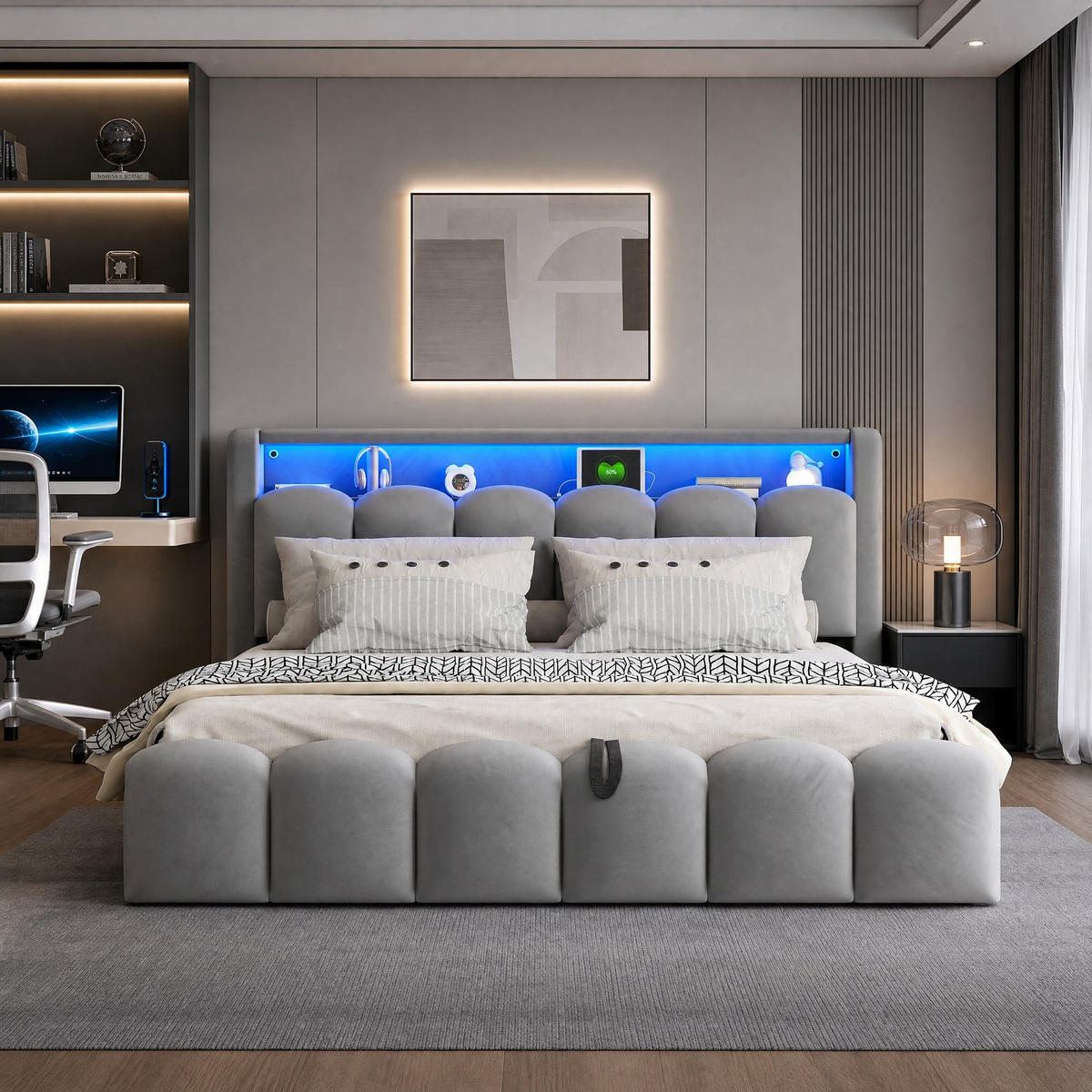 POLSTERBETT 180/200 cm aus Samt mit USB, LED und Stauraum, Grau - Grau, Textil (180/200cm) - OKMYHOME