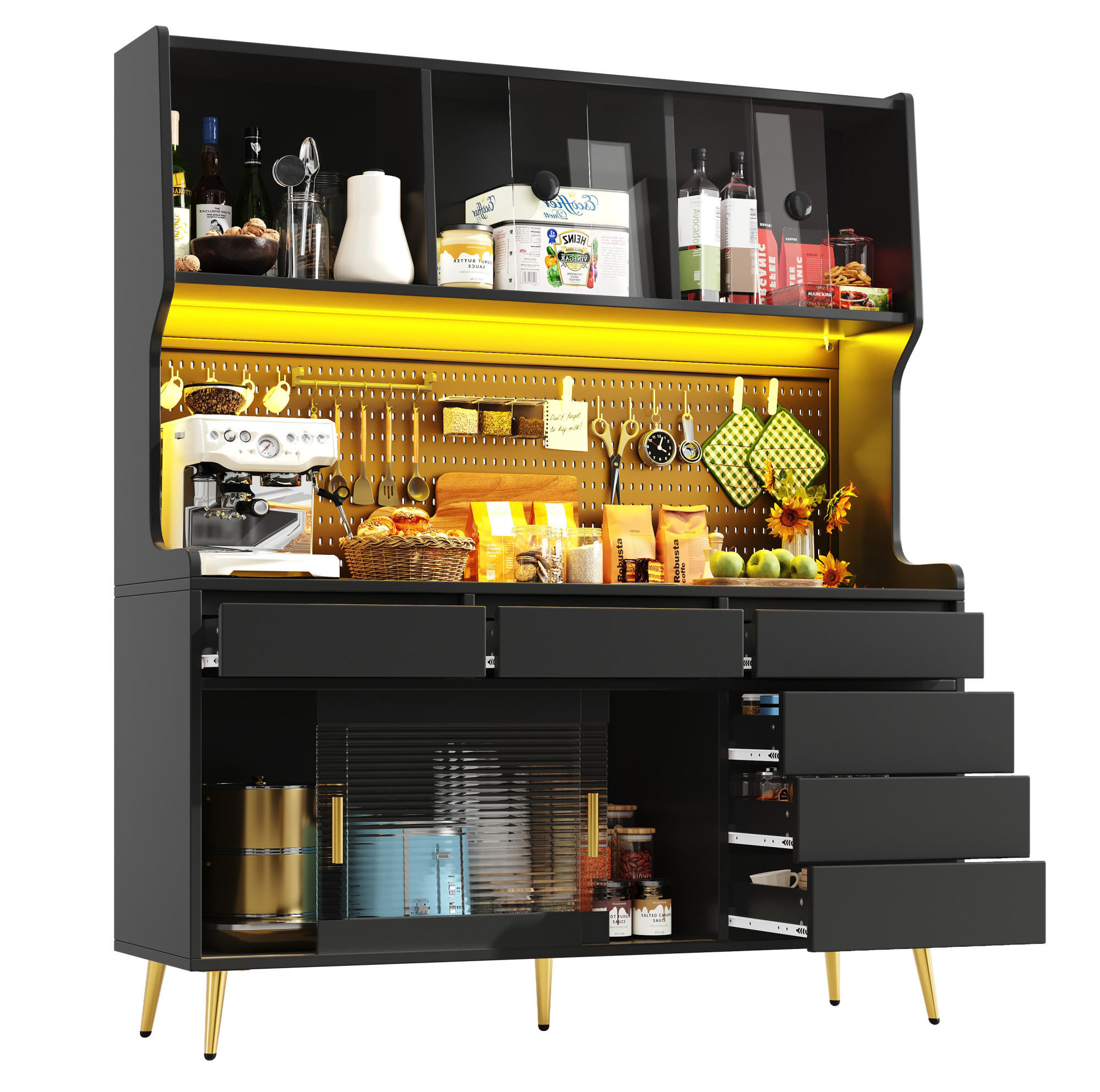 BUFFET 145/39/171 cm aus MDF und Glas mit LED-Beleuchtung und Schiebetüren Schwarz - Schwarz, Holzwerkstoff (145/171/39cm) - Modenvie