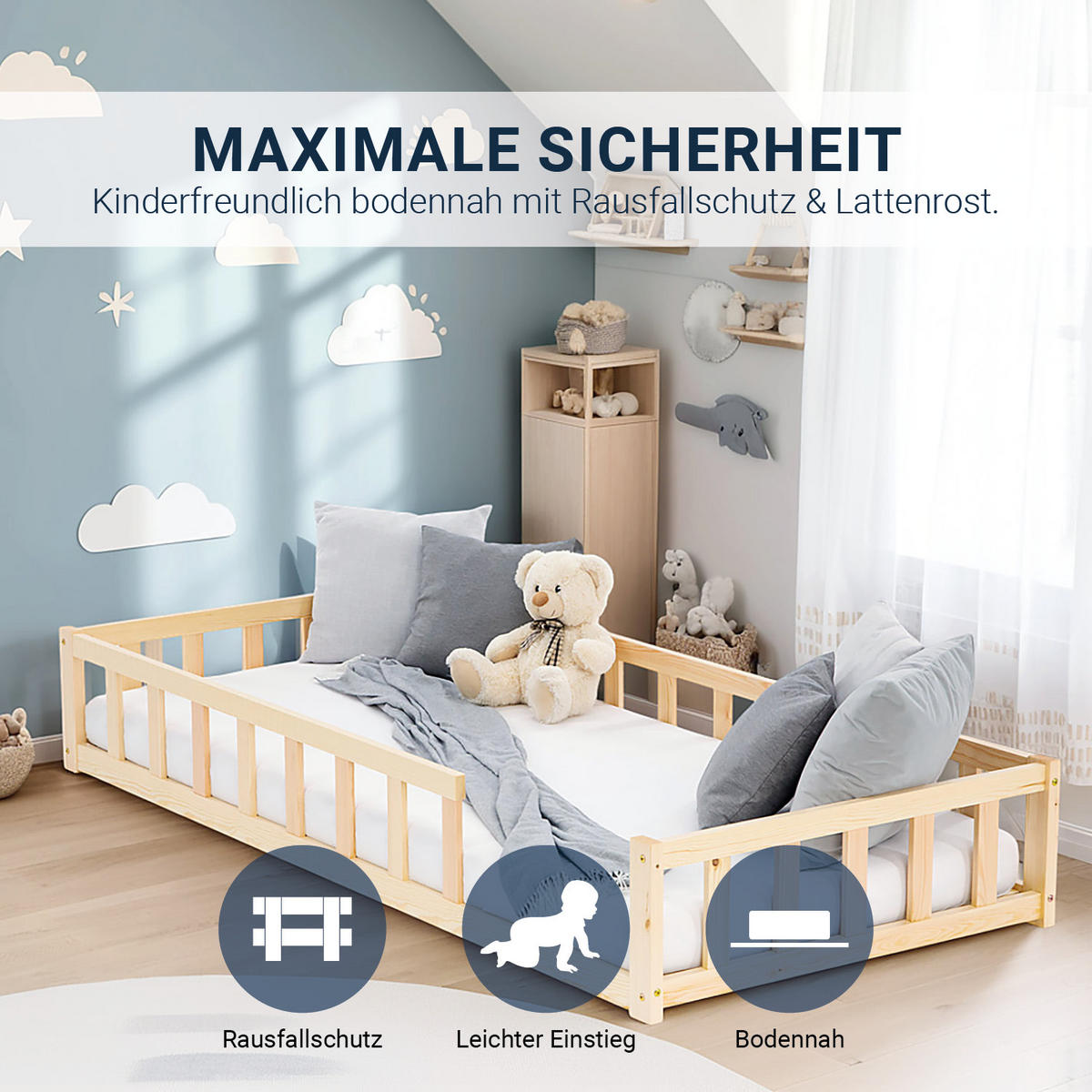 BODENBETT Natur 90x200 cm mit Lattenrost - Naturfarben, Holz (90/200cm) - Homestyle4u