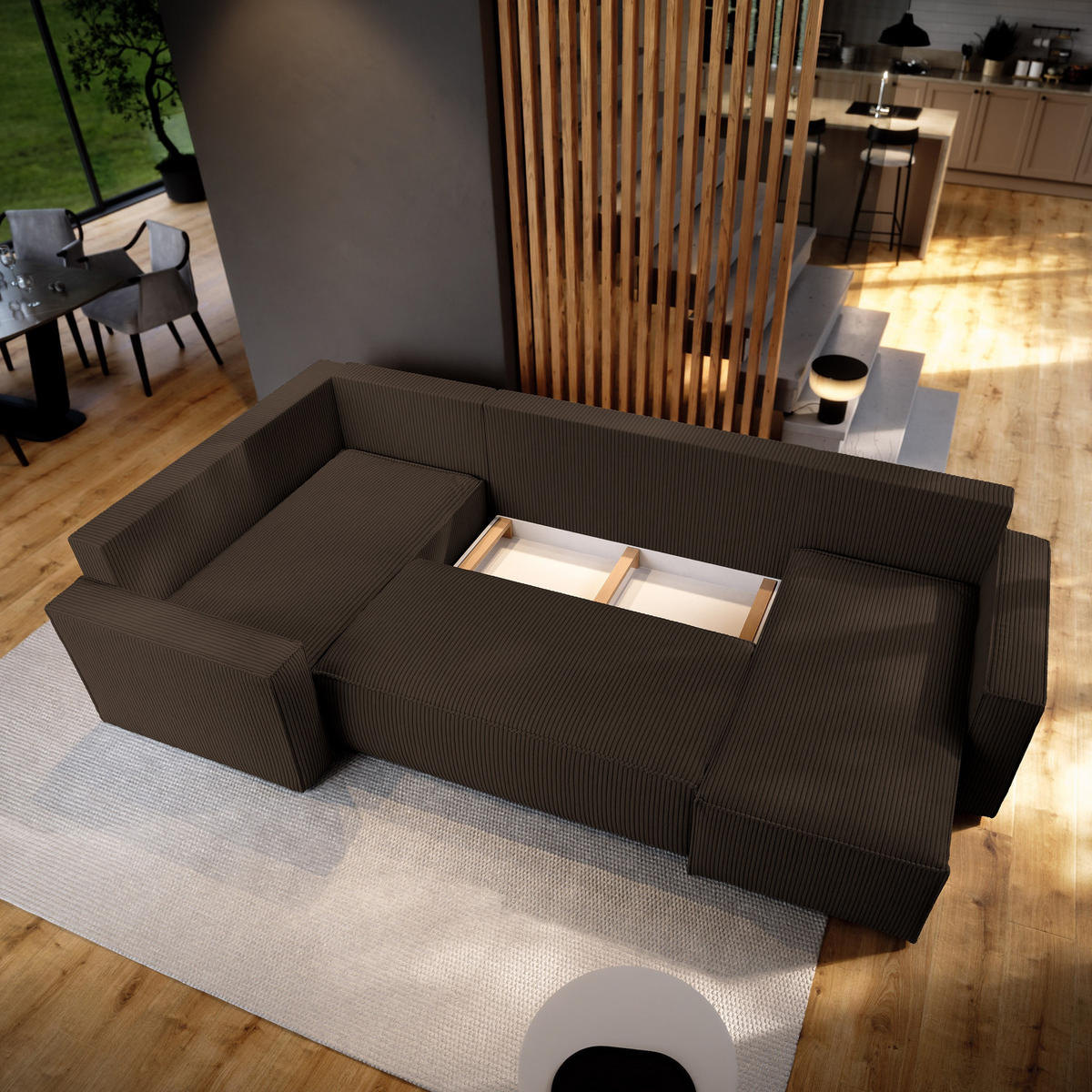 WOHNLANDSCHAFT NORENA L-S Braun Kordstoff mit Schlaffunktion - Braun, Holz (295/85/157.5cm) - MASSENO