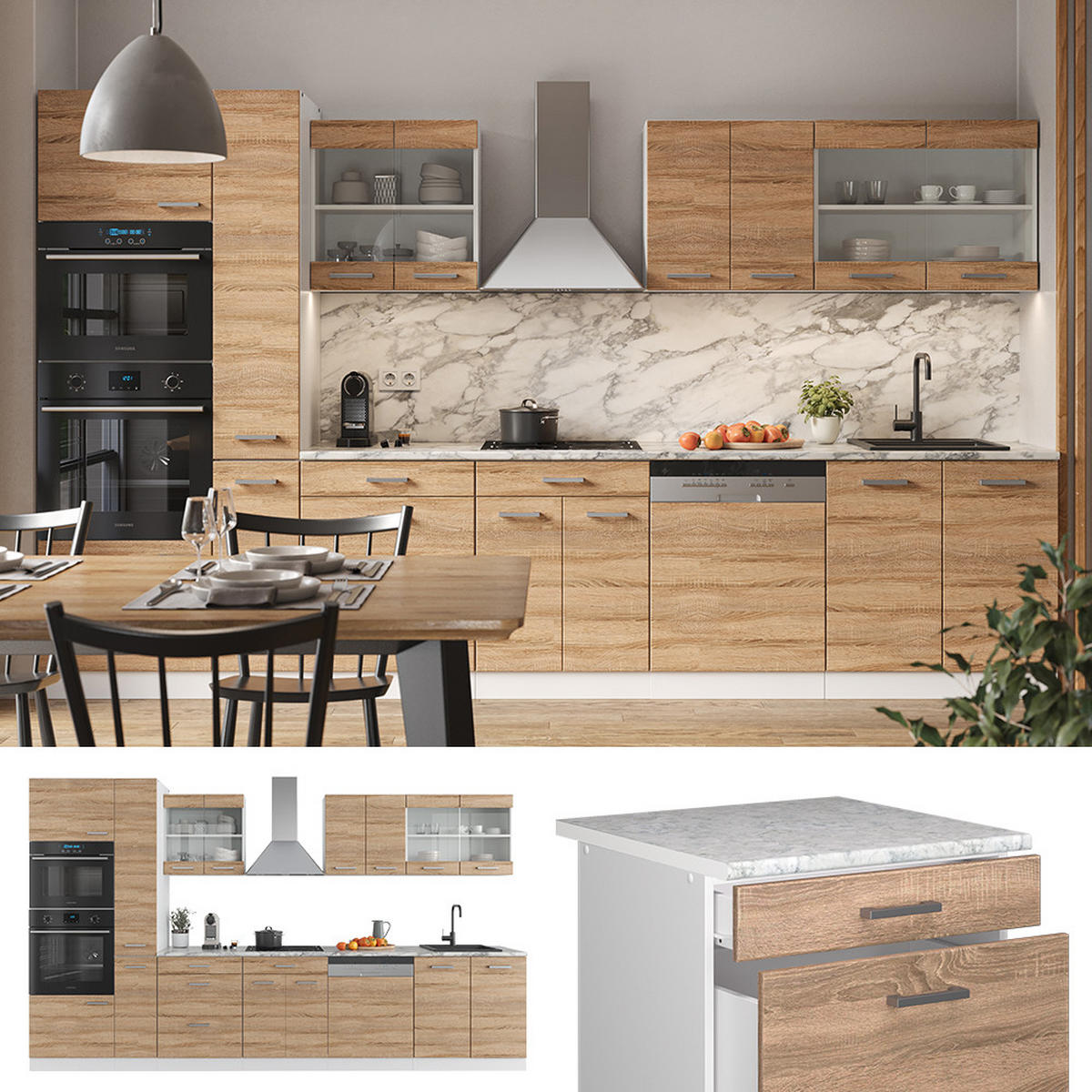 KÜCHENZEILE R-Line Sonoma/Weiß 350 cm mit Hochschrank, AP Anthrazit - Weiß/Sonoma Eiche, Holzwerkstoff (350/81.6/60cm) - Vicco