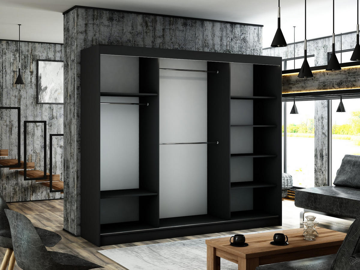 SCHWEBETÜRENSCHRANK Porto III 250 cm 3-türig, schwarz, lacobel grau, Sprosse - Schwarz/Grau, Kunststoff (250/215/61cm) - Margaret Hadas24