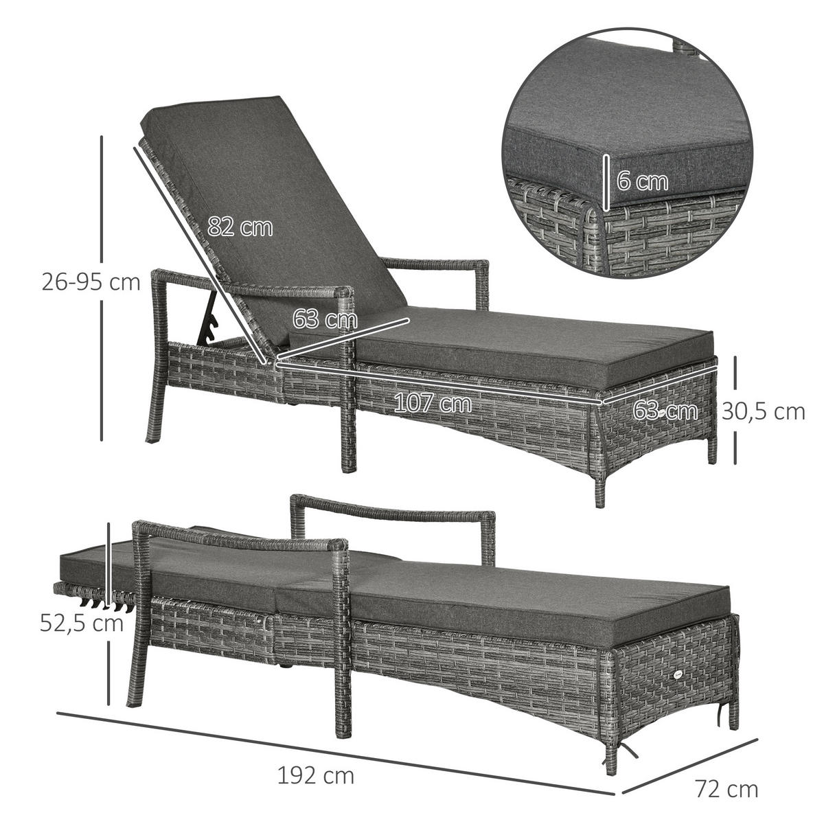 SONNENLIEGE Polyrattan, Grau - Grau, Metall (72/52.5/192cm) - Outsunny
