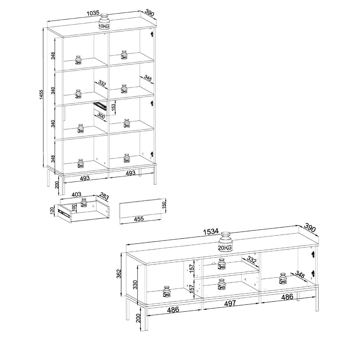 WOHNWAND Laval 1, 2-er Set, Front gefräst in 18 mm MDF Wotan Eiche, Korpus Schwarz - Schwarz, Glas/Holzwerkstoff (257/126/39cm) - Komodee