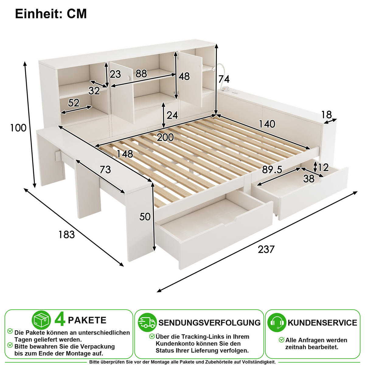 POSTEL 140/200 cm v bílé barvě se zásuvkami, úložným prostorem a USB - bílá, kompozitní dřevo (140/200cm) - CHICFURN