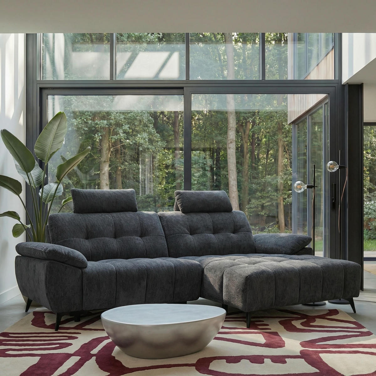 ECKSOFA Webstoff Grau - Schwarz/Grau, Textil/Metall (268/156cm) - Furnhouse