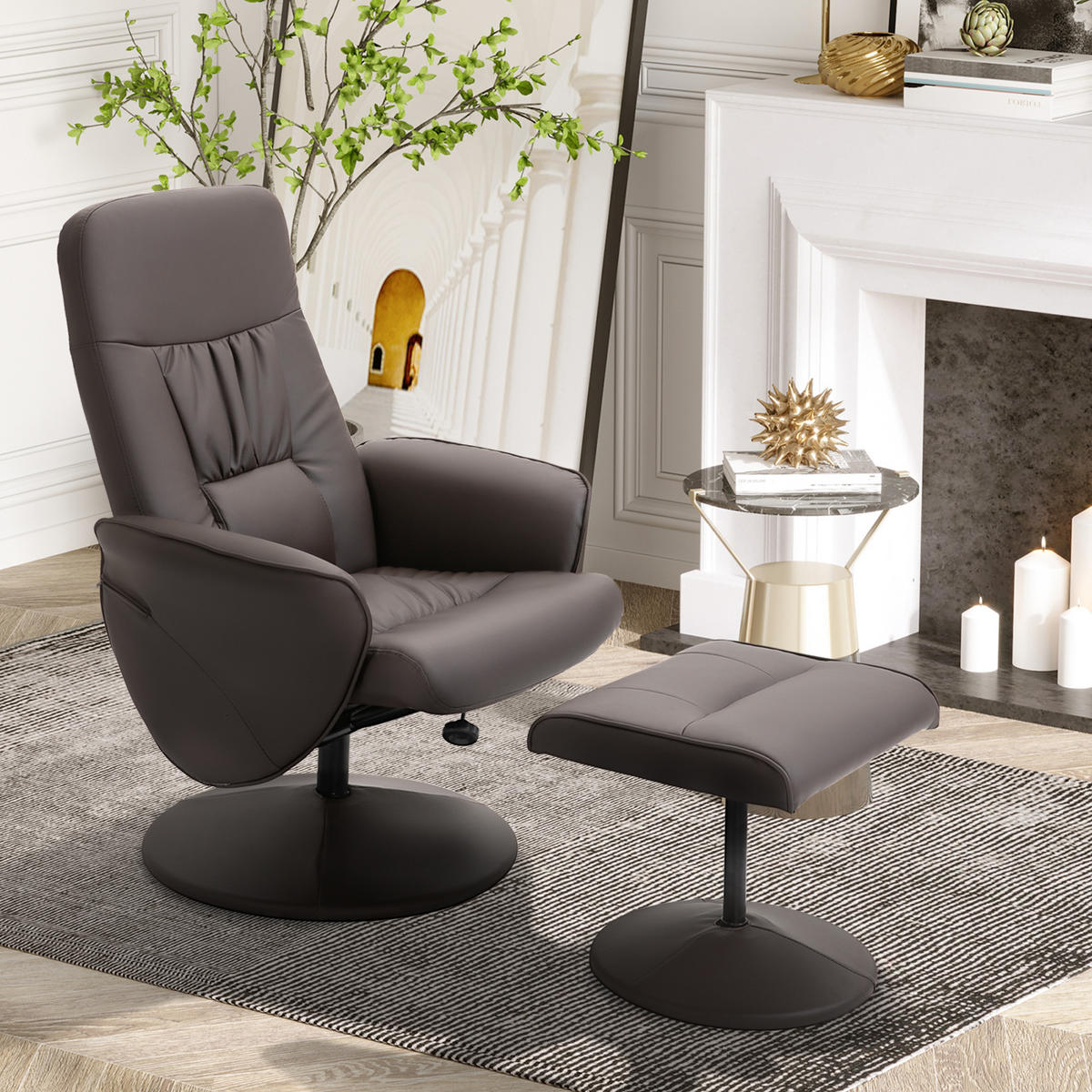 RELAXSESSEL mit Hocker, Fernsehsessel, TV Sessel mit Liegefunktion, Kunstleder - Braun, Metall (76/101/81cm) - HOMCOM