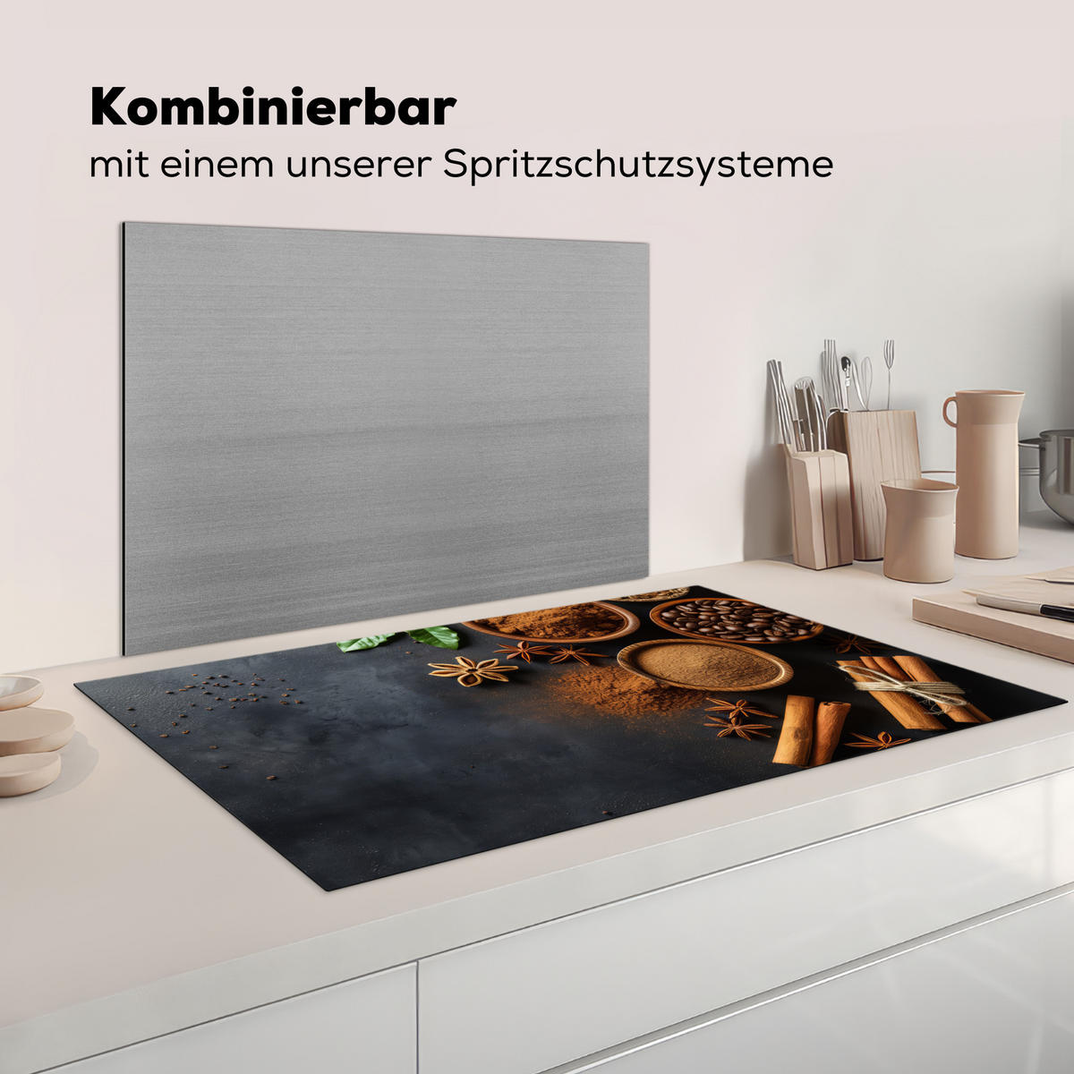 KRYT NA INDUKČNÍ DESKU Skořice - Beton - Káva - Skořicové tyčinky - Koření 91.6x52.7 cm - barva mokka, plast (91.6/52.7/0.2cm) - MuchoWow