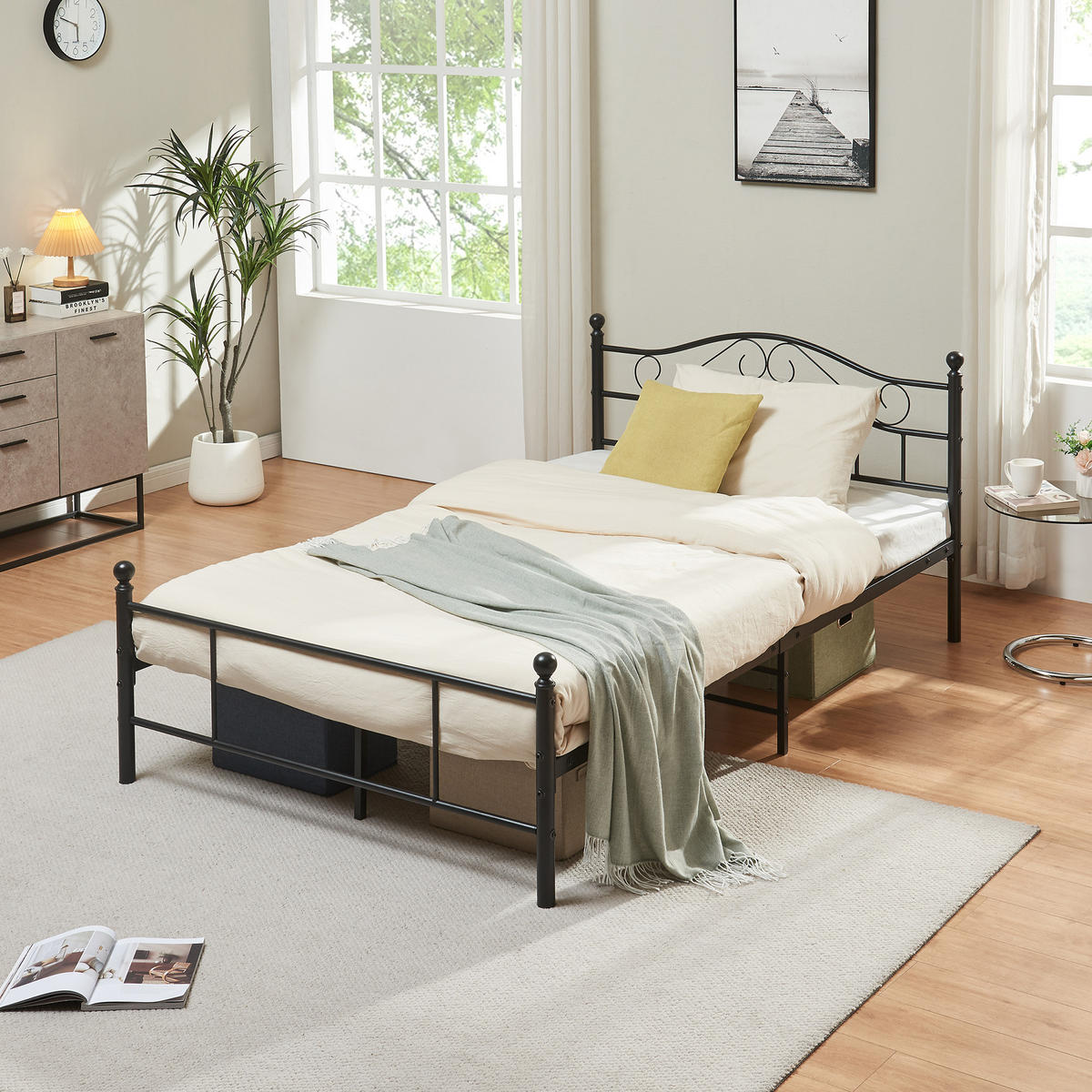 METALLBETT Florenz mit Matratze - Schwarz, Textil/Metall (120/200cm) - [en.casa]