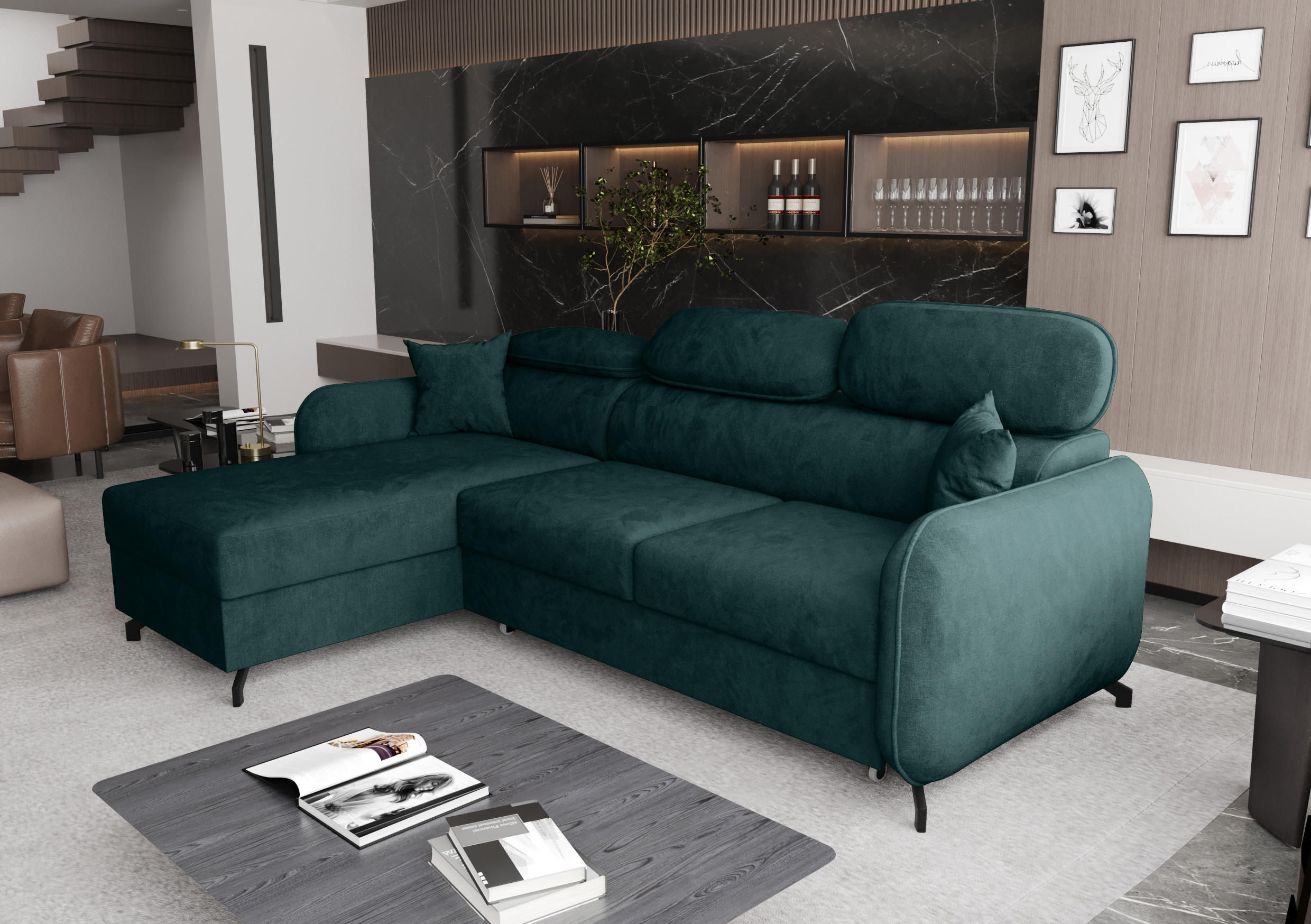 ECKSOFA L Form Ribella 5 Türkis 265/180/100 cm Links mit Schlaffunktion - Türkis/Schwarz, Textil/Metall (180/265cm) - AX Living