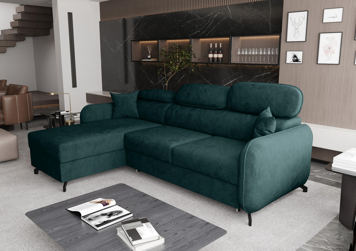 ECKSOFA L Form Ribella 5 Türkis 265/180/100 cm Links mit Schlaffunktion - Türkis/Schwarz, Textil/Metall (180/265cm) - AX Living