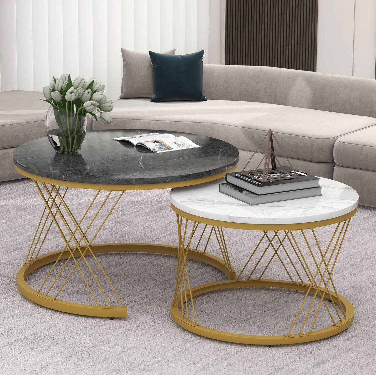COUCHTISCH Set 70/70/45 cm und 45/45/40 cm Grau mit Hochglanz Marmormuster und Goldrahmen - Grau, Holzwerkstoff (70/70/45cm) - OKWISH