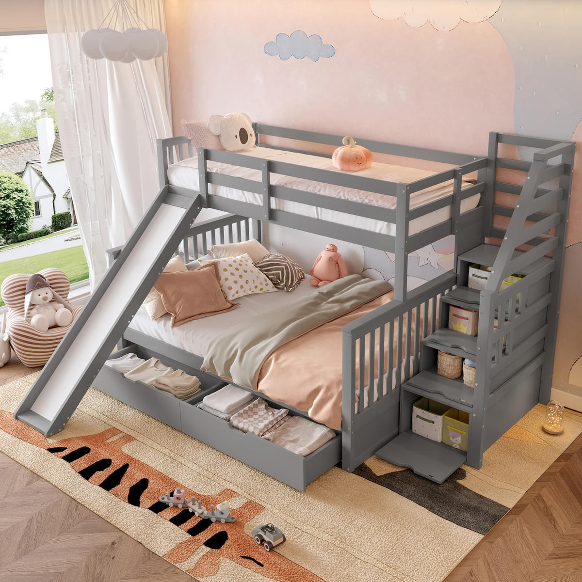 ETAGENBETT mit Rutsche und Schubladen 90x200/140x200 cm Kiefernholz Grau - Grau, Holzwerkstoff (140/200cm) - Beauniv