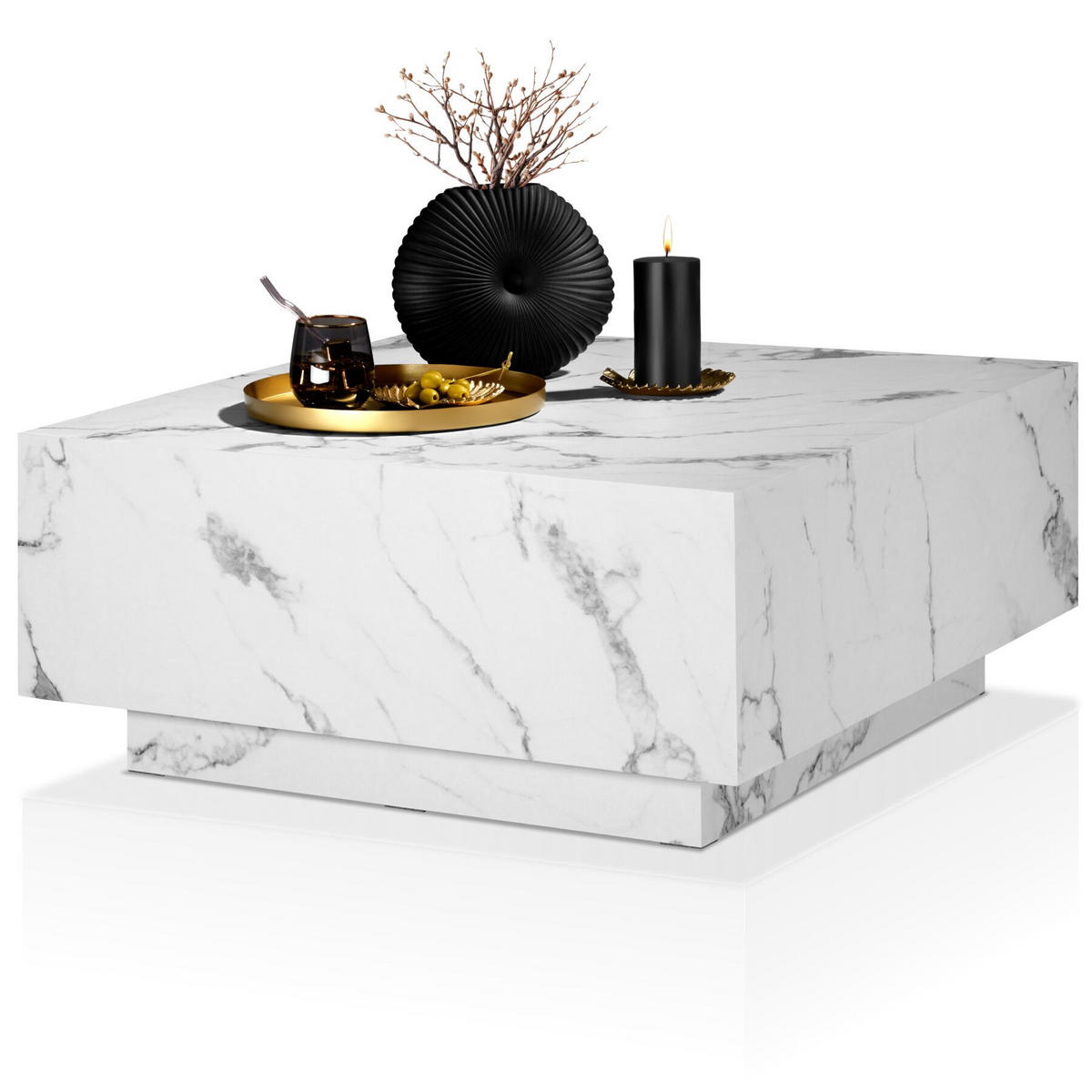 COUCHTISCH Lasley, inkl. Bodenschoner, Belastbarkeit 45 kg, Marmor Optik weiß - Weiß, Holz (80/80/35cm) - tectake