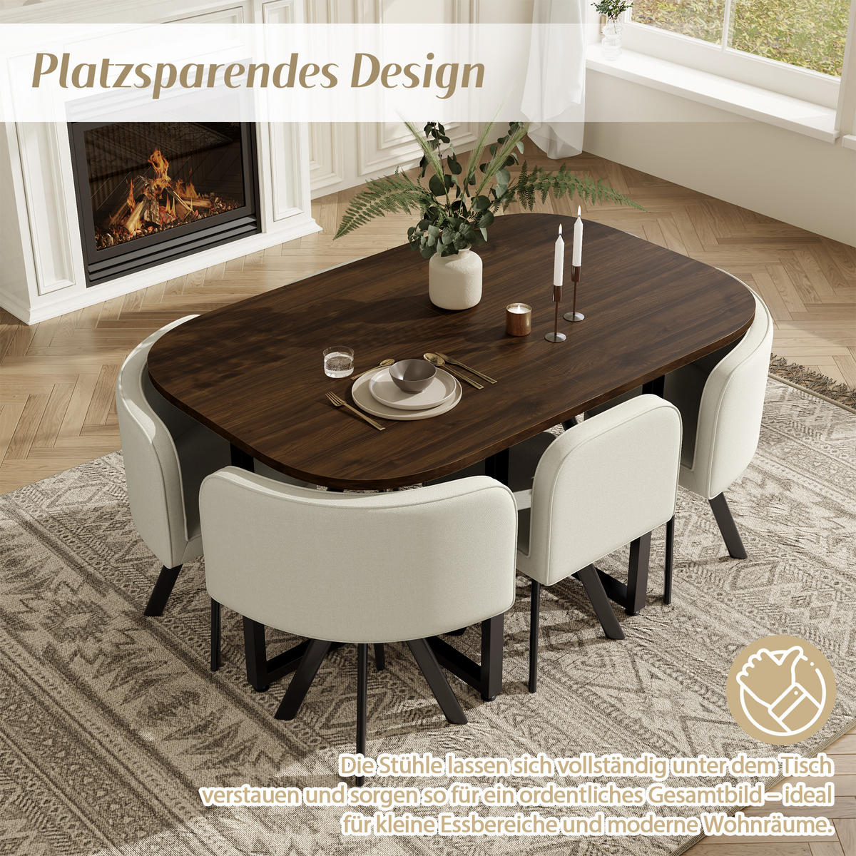 ESSTISCH SET 6 Personen 140x90cm Walnuss Beige Leinen - Beige/Walnussfarben, Holzwerkstoff (140/73/90cm) - FLIEKS