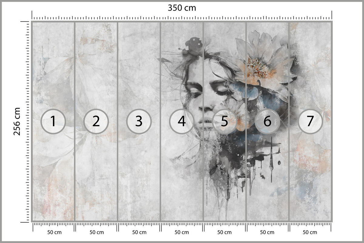 FOTOTAPETE für Wohnzimmer Gesicht Frau Grau Betonwand Blumen 350x256 - Grau, Papier (350/256cm) - Muralo
