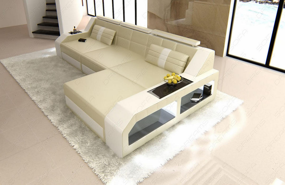 COUCH Arezzo L Beige Weiß Ledermix - Beige, Textil (308/194cm)
