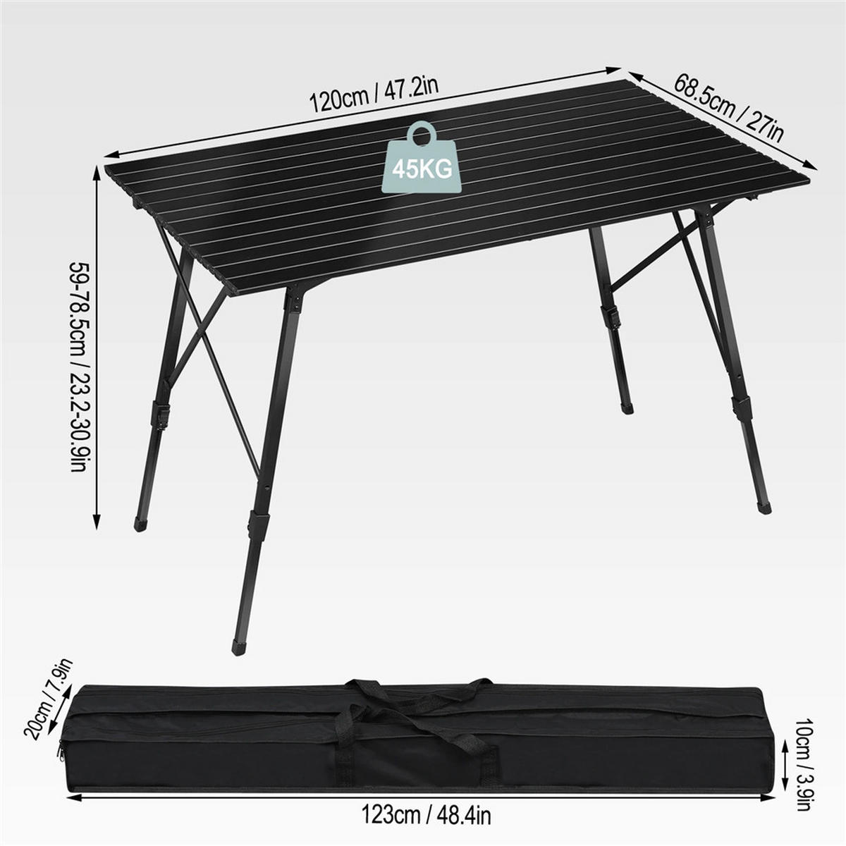 KLAPPTISCH Aluminium Faltbar Höhenverstellbar 120x68,5 cm Schwarz - Schwarz, Metall (120/68.5/78.5cm) - Coonoor
