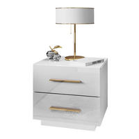 NACHTTISCH LINA LUX mit Griffen und Hochglanzplatte, LED – Griffe: Gold-Chrom - Weiß, Holzwerkstoff (45/48/38.5cm) - Lookway