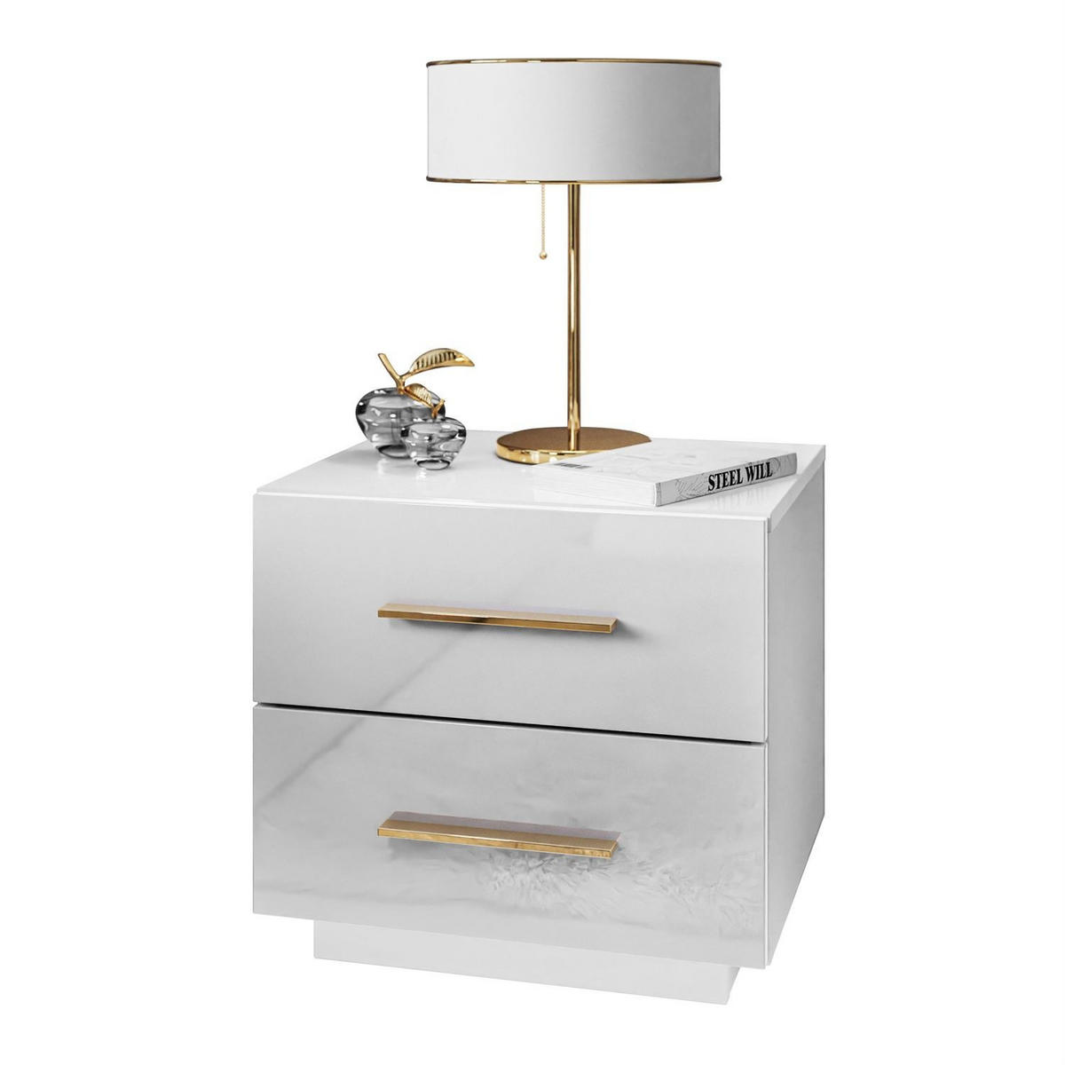 NACHTTISCH LINA LUX mit Griffen und Hochglanzplatte, LED – Griffe: Gold-Chrom - Weiß, Holzwerkstoff (45/48/38.5cm) - Lookway