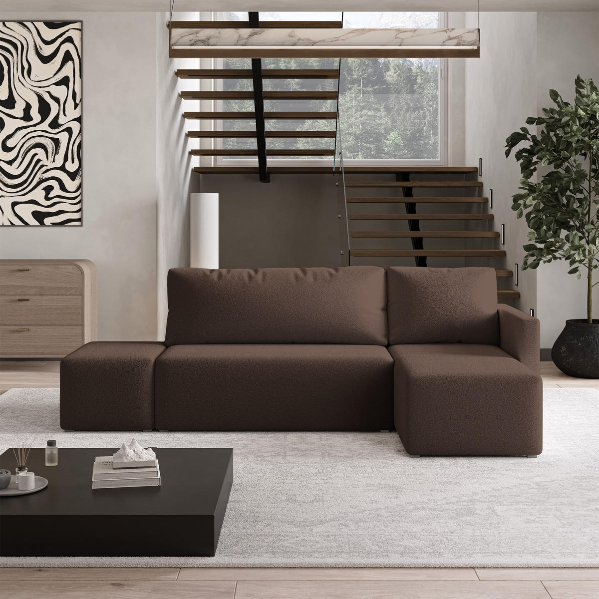 ECKSOFA VELOTTI R-S Braun Boucle-Stoff mit Schlaffunktion - Braun, Holz (261/143cm) - MASSENO