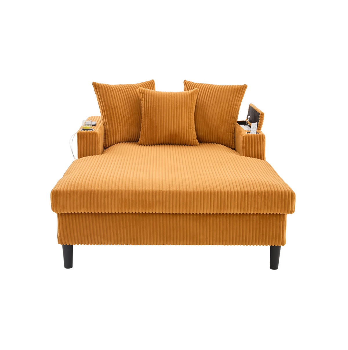 CHAISELONGUE mit USB und Stauraum 129 x 170 cm Cord Mustard Yellow - Gelb, Holz (170/70/129cm) - Meubliv