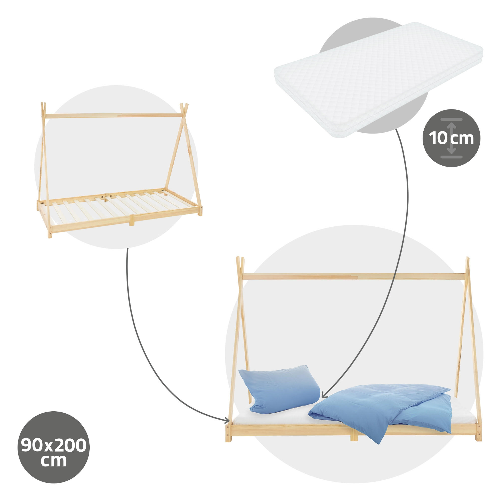 KINDERBETT Tipi mit Matratze 90x200 cm Natur - Naturfarben, Holz (90/200cm) - ML-DESIGN