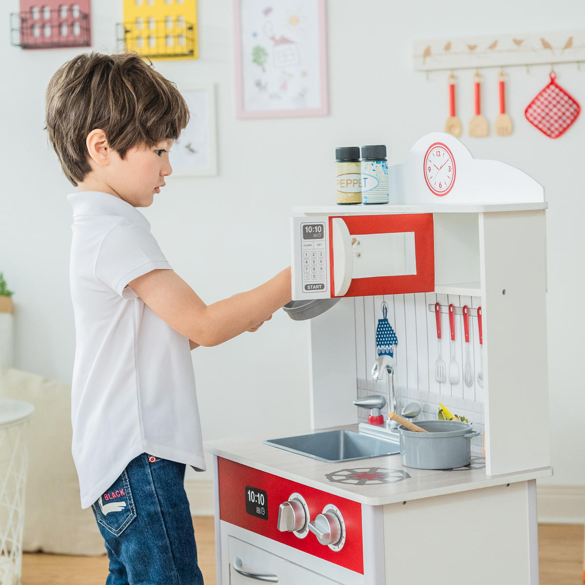 KINDERKÜCHE Spielküche, Rot/Weiß, 93cm - Rot, Holzwerkstoff (48/32/93cm) - Teamson Kids