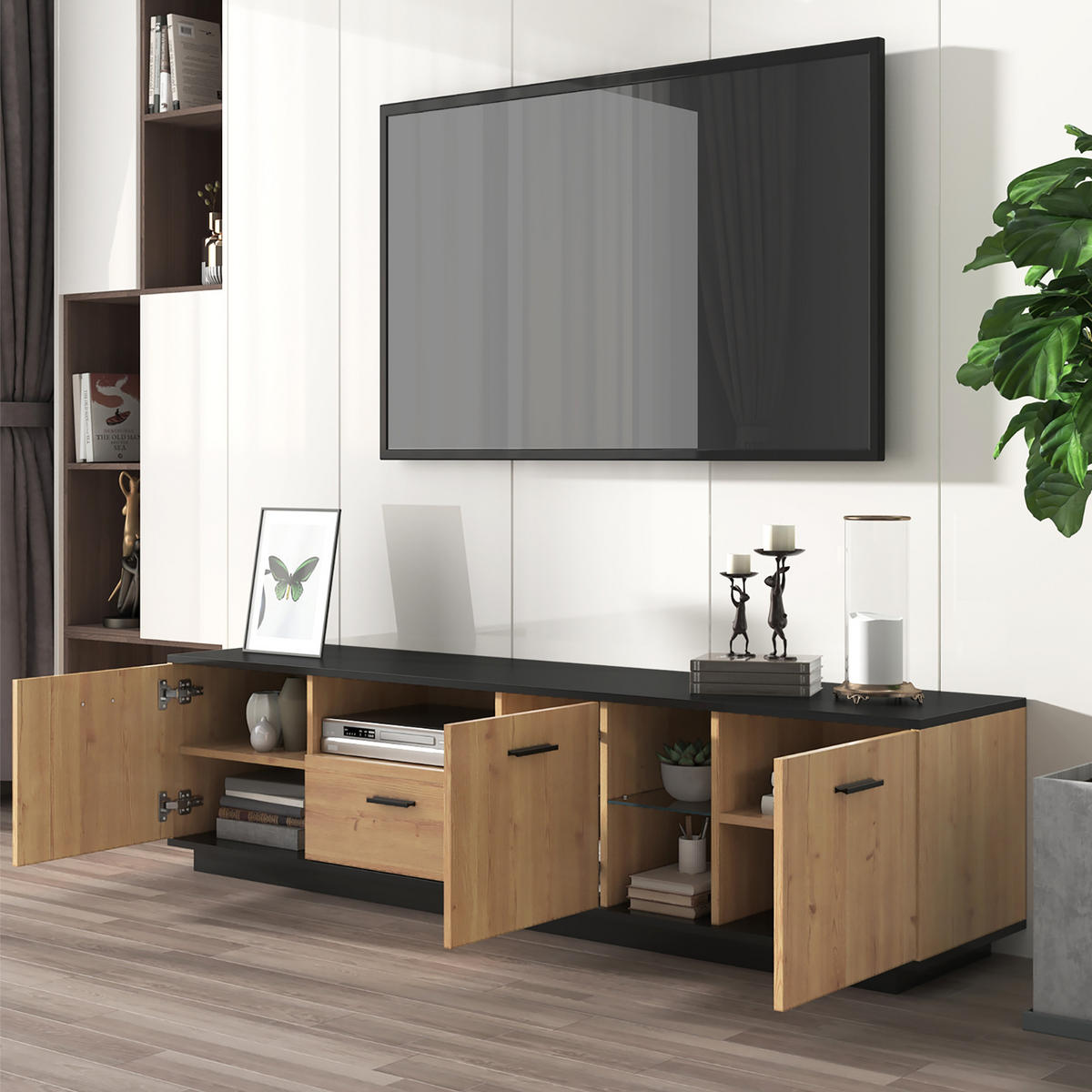 TV-SCHRANK Schwarz, Natur - Schwarz, Holzwerkstoff (37/45/180cm) - Raumix
