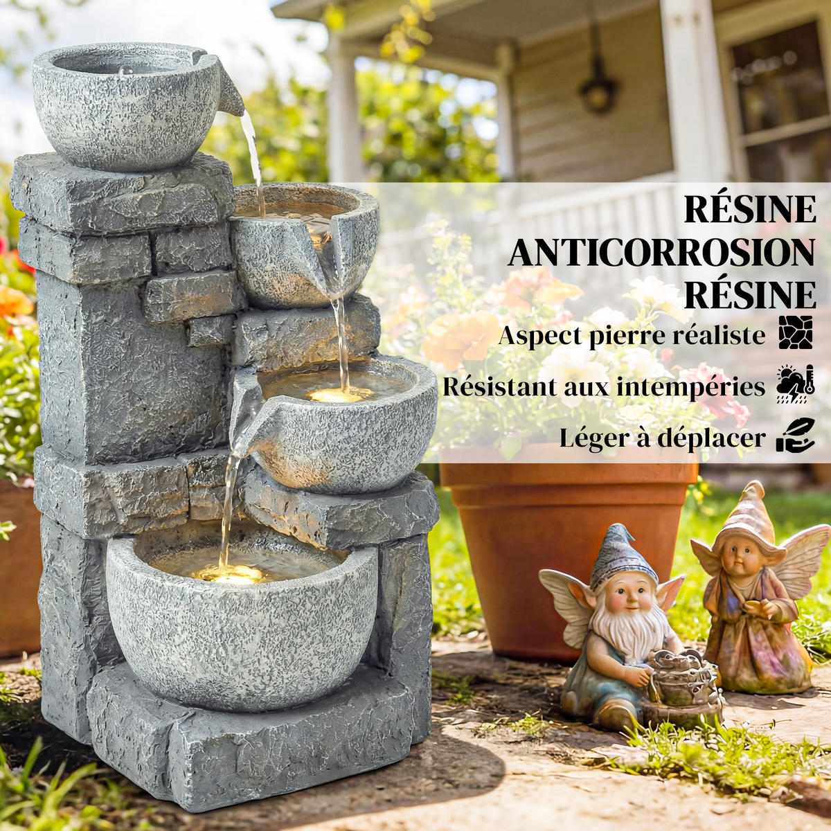 GARTENBRUNNEN DE-18872 4-stufige Kaskade mit LED Grau - Grau, Kunststoff (28/25/54.5cm) - ComfortXL